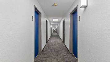 Ein langer, schmaler Hotelkorridor mit Türen an beiden Seiten, Teppichboden und einer Deckenleuchte.