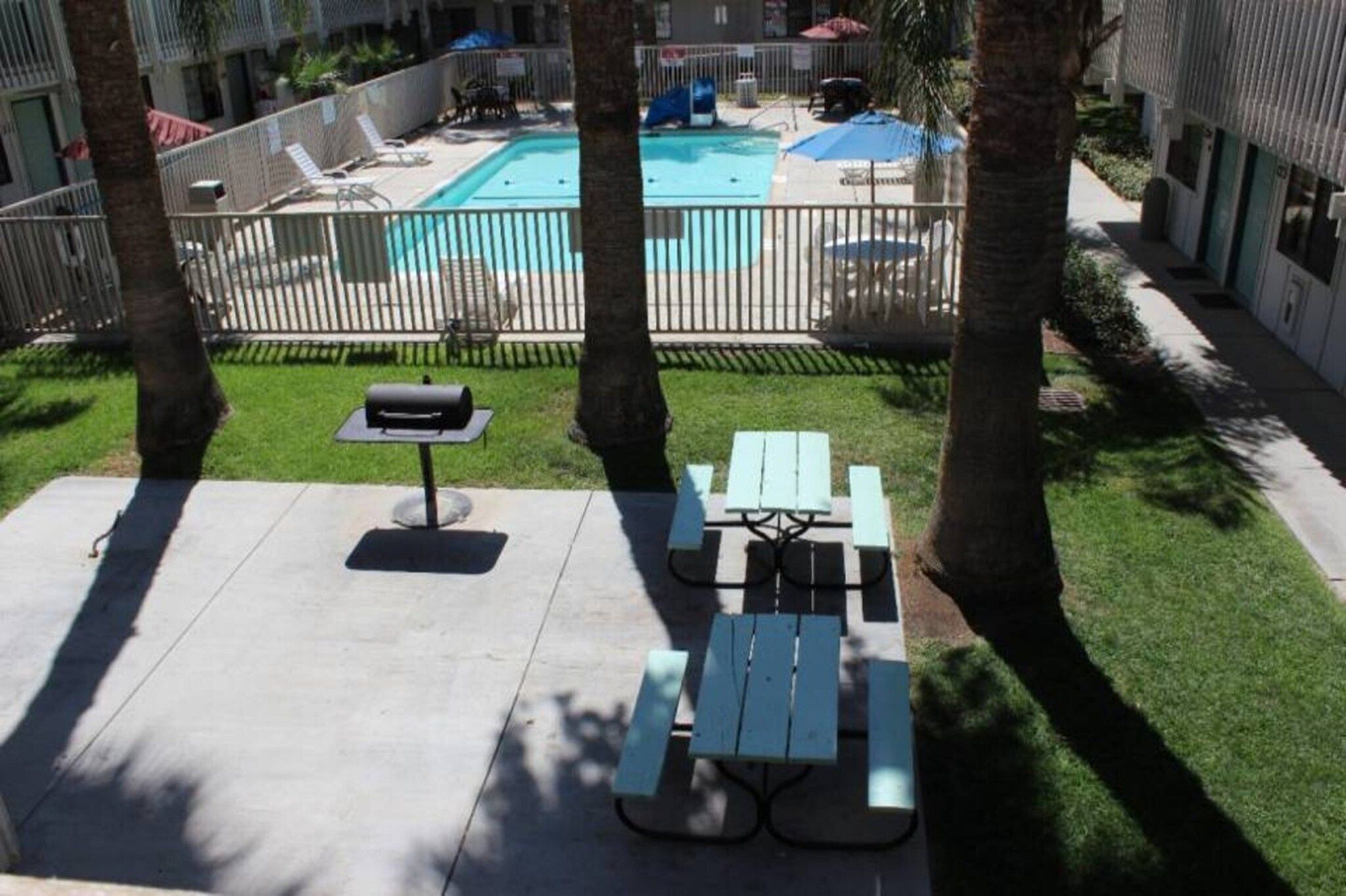 A backyard with a swimming pool, a barbecue grill, and picnic tables.