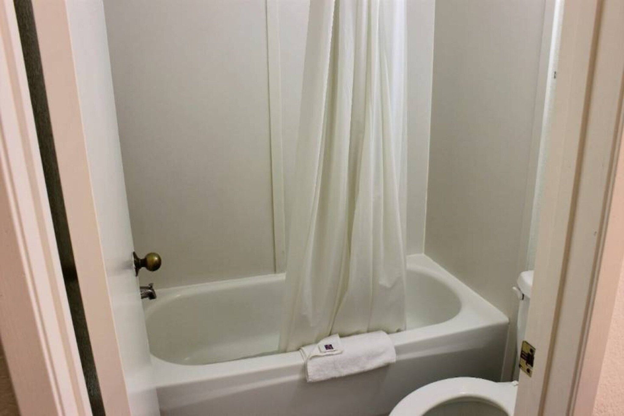 A bathroom with a bathtub, toilet, and a shower curtain.