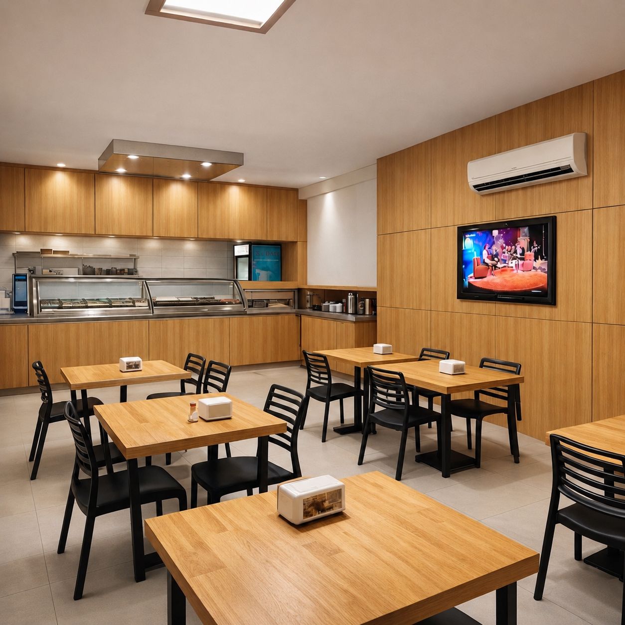 Un espace repas moderne avec des tables et des chaises en bois, une cuisine dotée d’un meuble vitrine et un téléviseur fixé au mur.