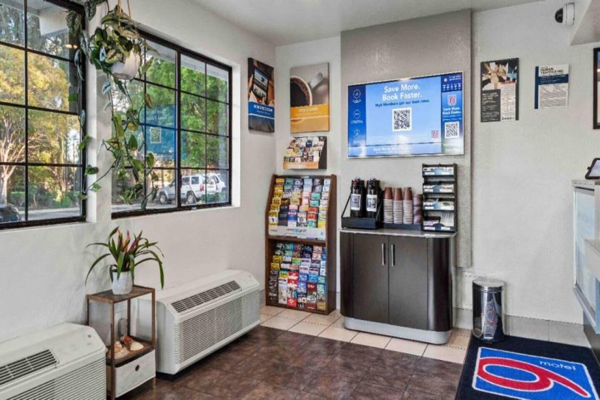 A room with a window, a plant, a wall-mounted shelf with books, a refrigerator, and a trash can.