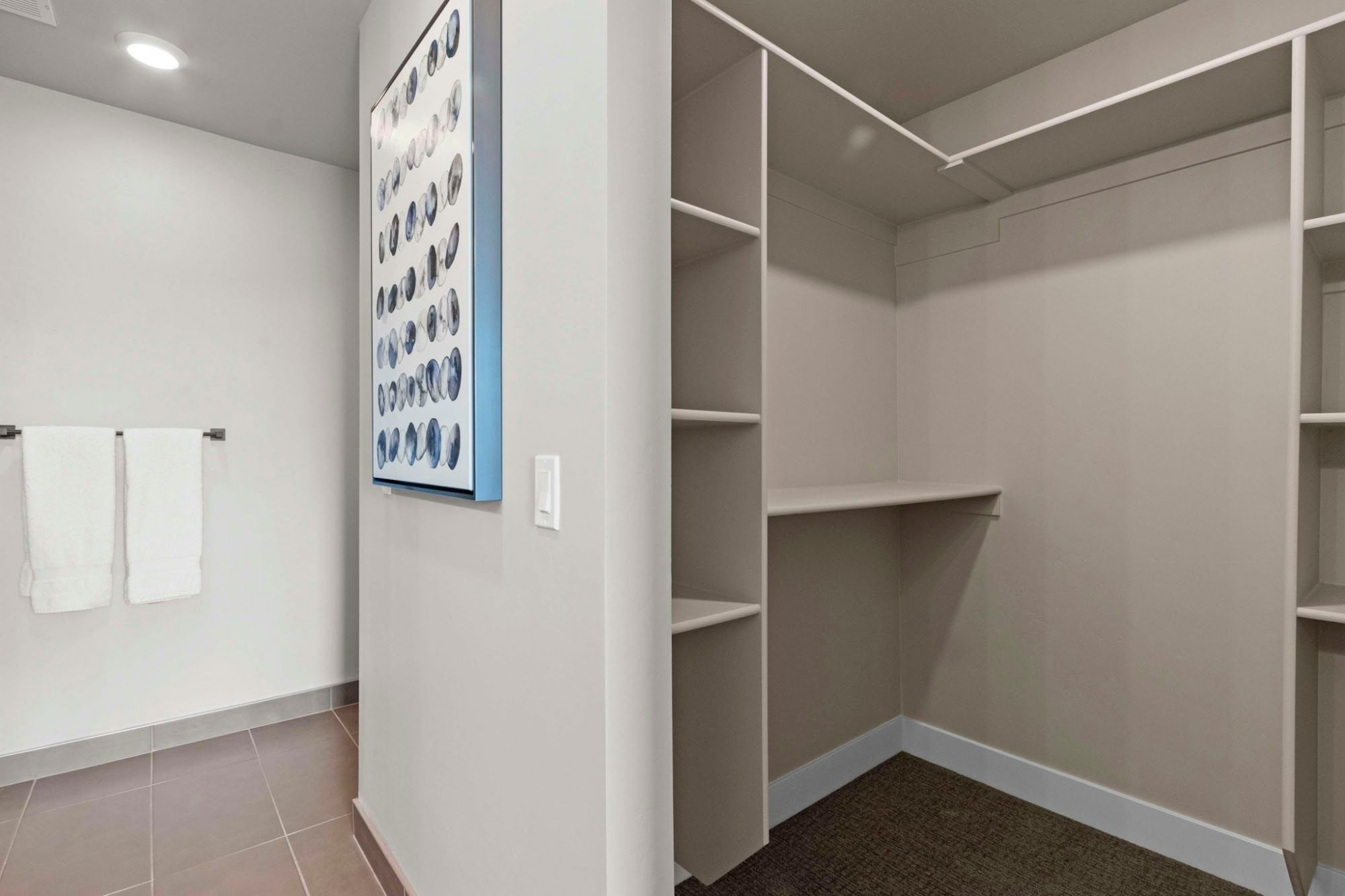 A walk-in closet with white shelving and a wall-mounted light fixture.