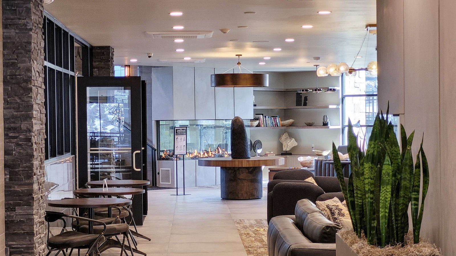 A modern interior with a dining area, a fireplace, and a living room with a sofa and a large plant.
