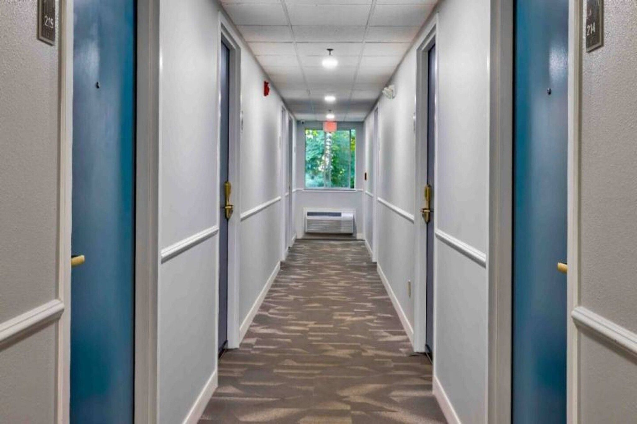 A hotel hallway with doors on both sides, a patterned carpet, and a window at the end.