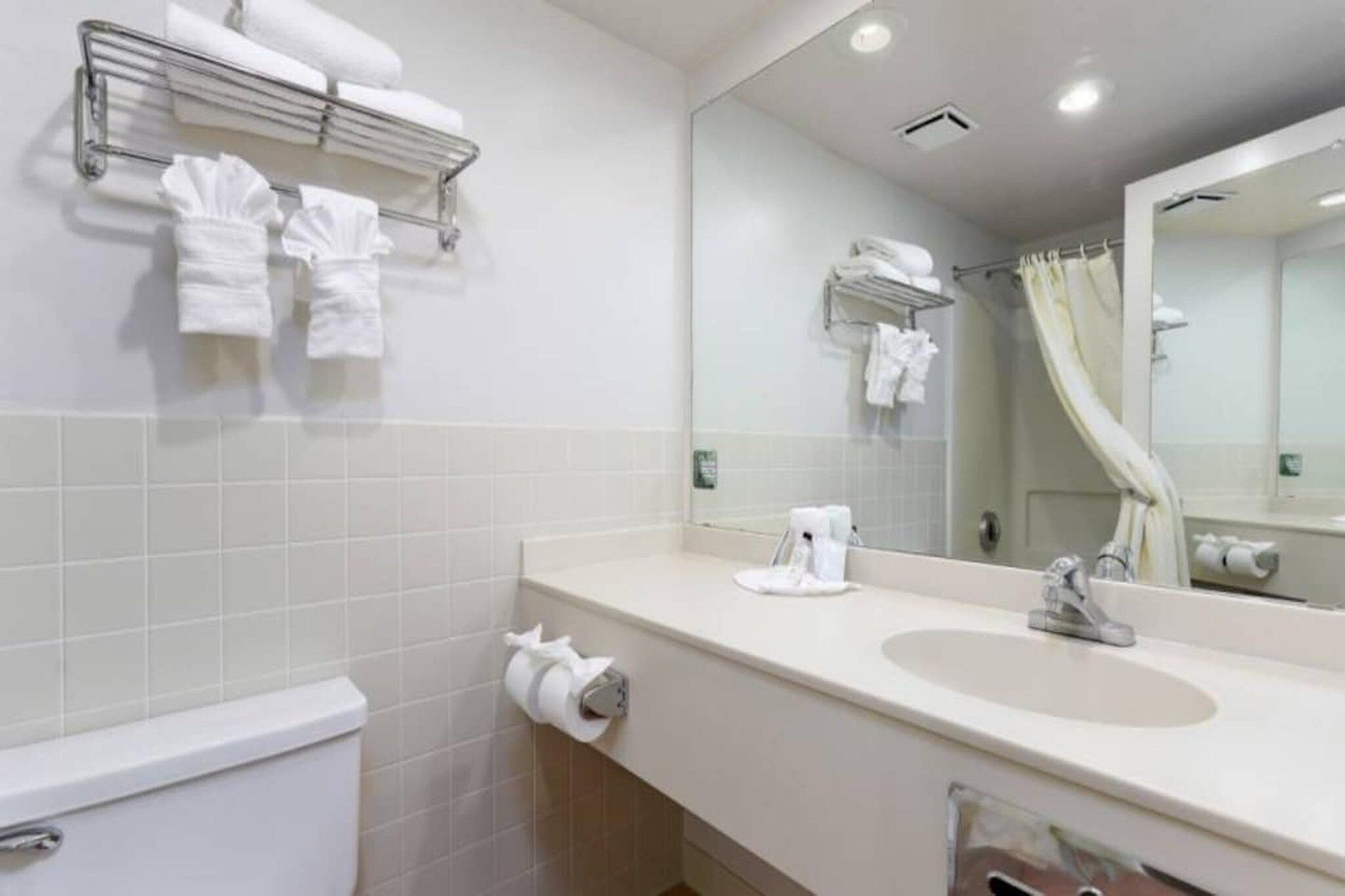 Ein Hotelbad mit Toilette, Waschbecken, Handtuchhalter und Spiegel.