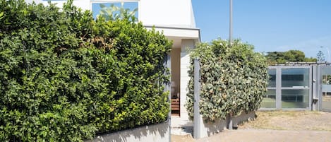 A modern building with a white facade, a large hedge, and a street lamp.