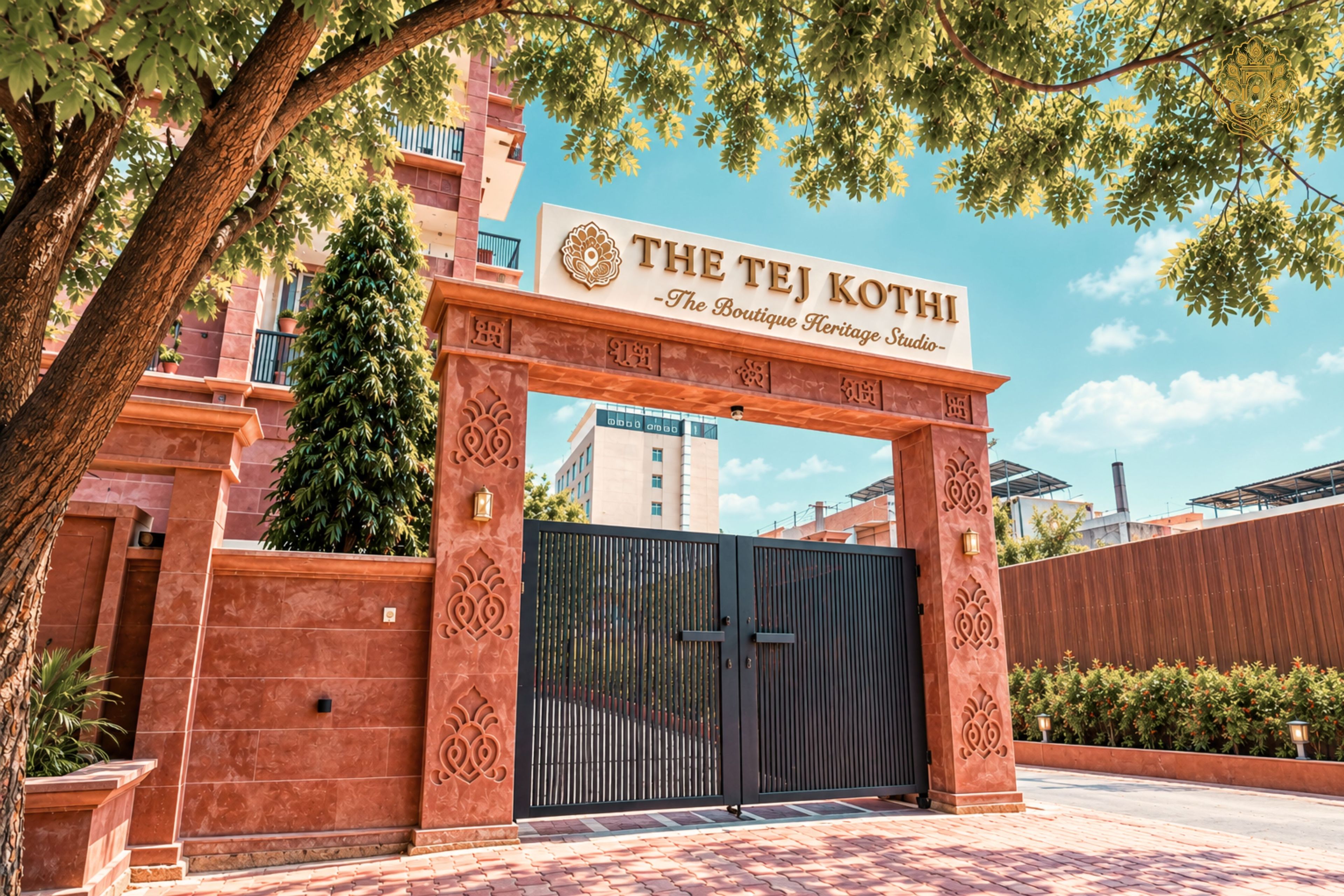 Un cancello con un cartello che riporta 'The Tej Kothi - The Boutique Heritage Studio'.