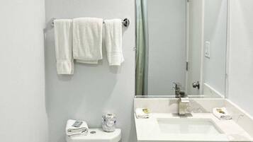 A bathroom with a toilet, sink, and a mirror.