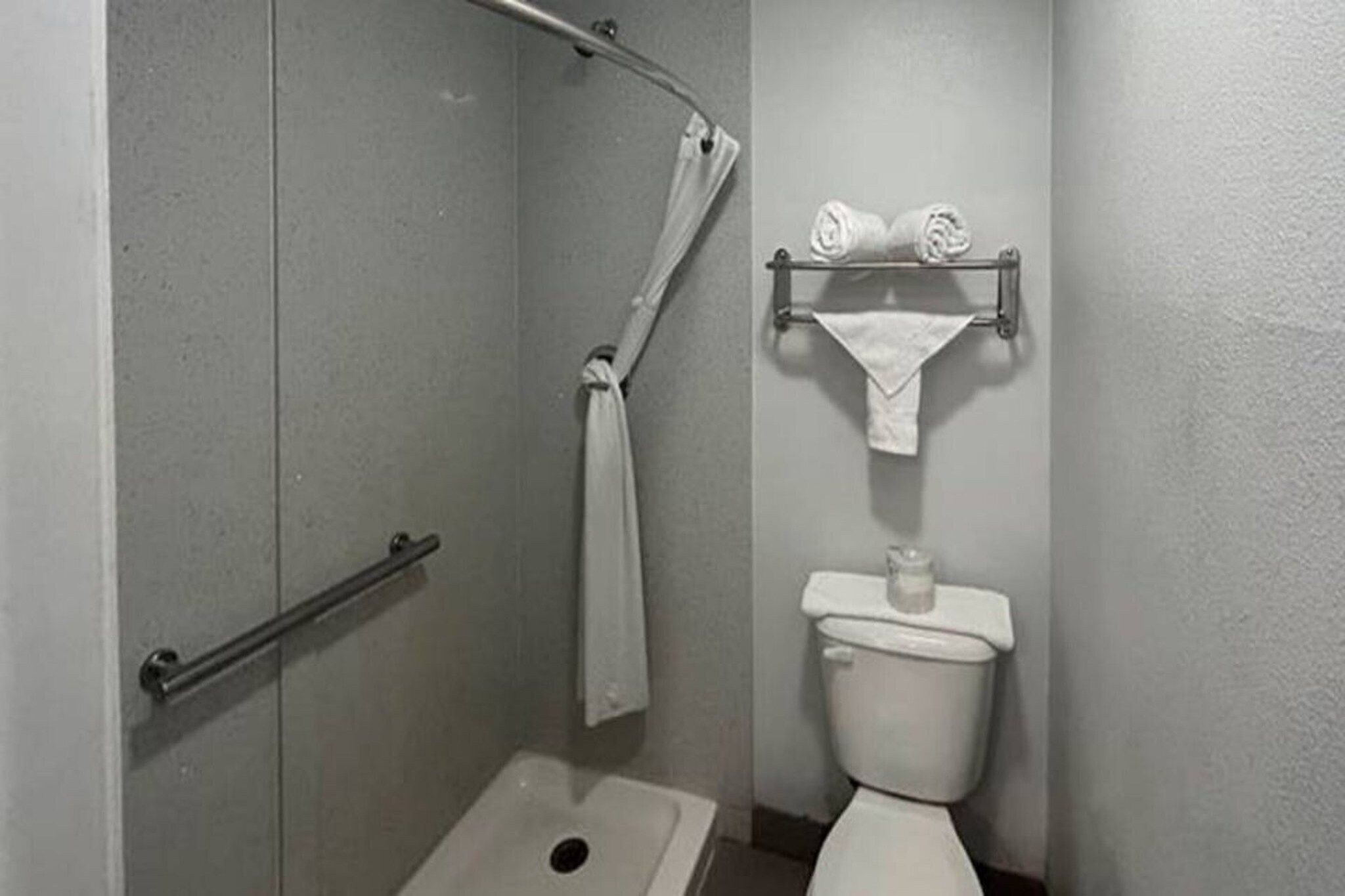 Une salle de bain avec douche, toilettes et porte-serviettes.