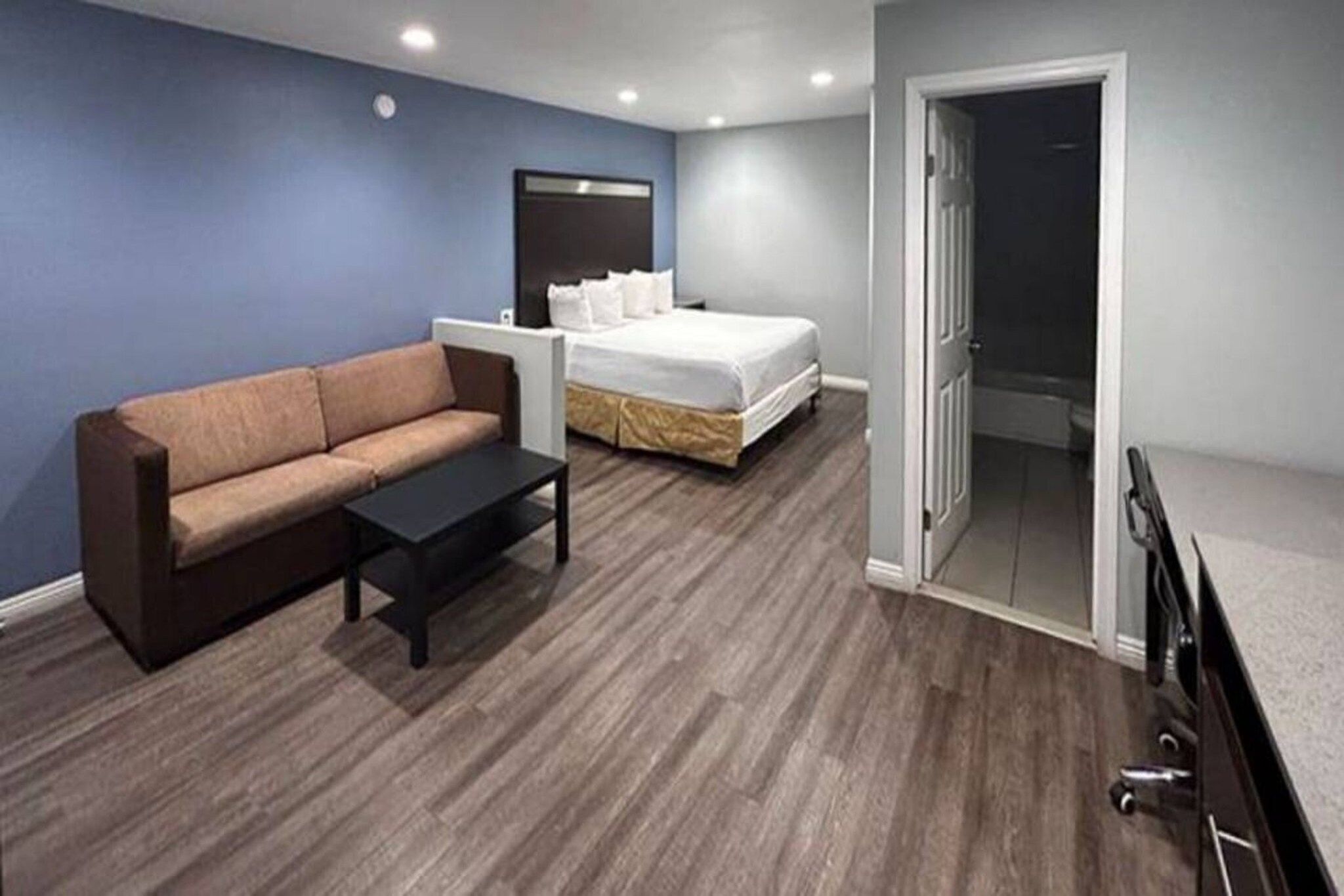 A room with a sofa, a bed, a small table, and a door leading to another room.