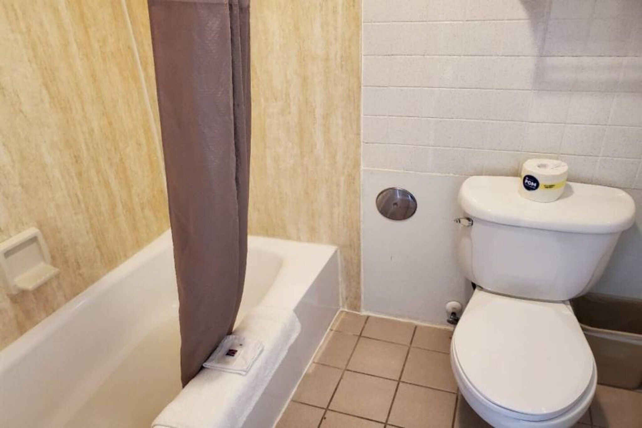 A bathroom with a bathtub, toilet, and a shower curtain.