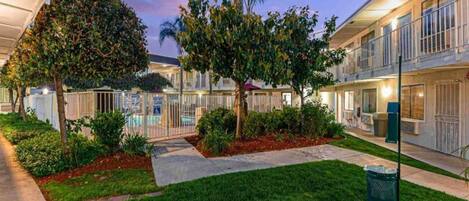 A hotel courtyard with a swimming pool, palm trees, and a well-maintained lawn.