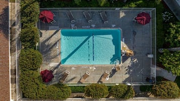 Vista aérea de una piscina rectangular con sillas de descanso y sombrillas, rodeada por una valla y follaje.