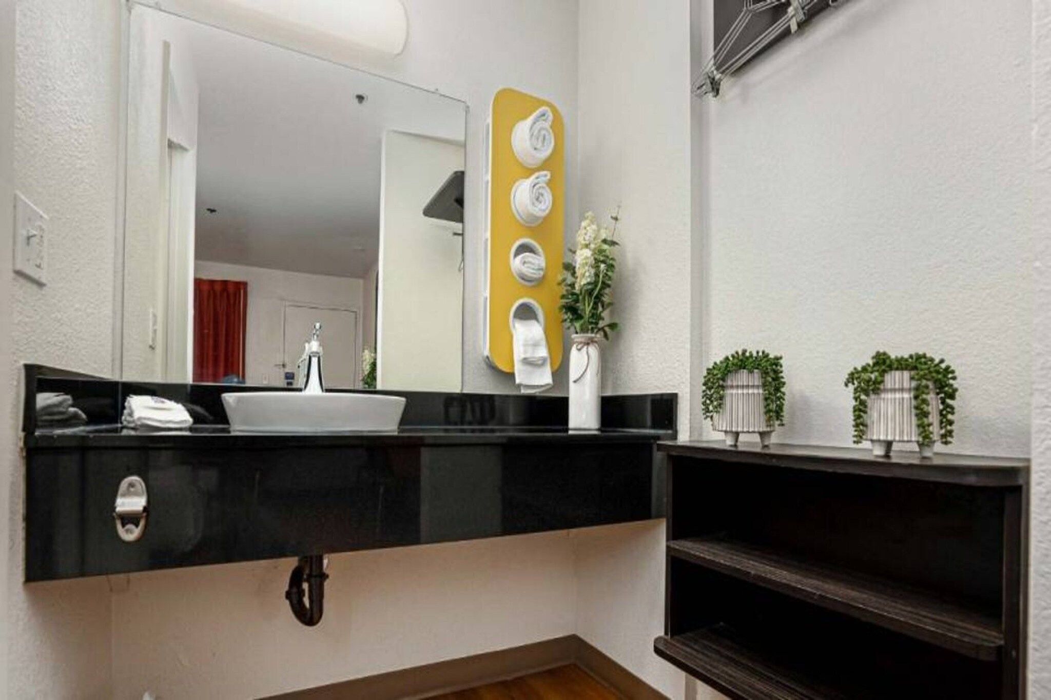 A bathroom with a black countertop, a white sink, a mirror, a towel rack, and a small plant.