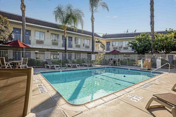 A swimming pool with lounge chairs and umbrellas, surrounded by a fenced area with palm trees and a building in the background. - 2 Full Beds | Premium, Mini Fridge (Temecula)