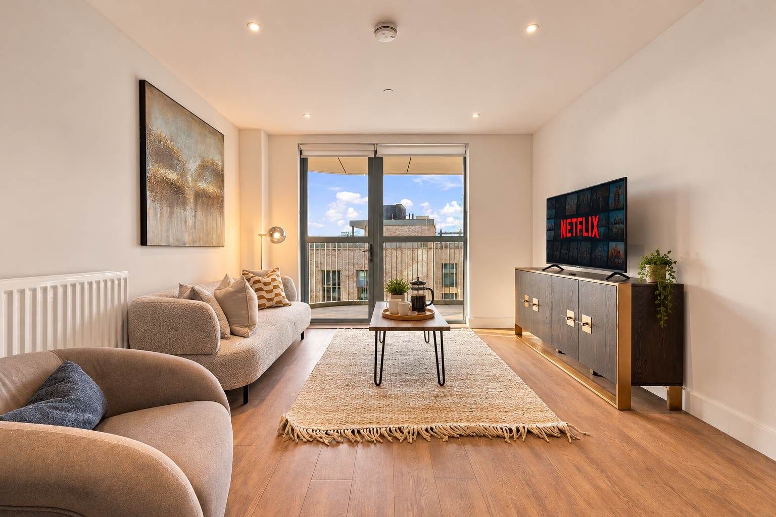 A modern living room with a sofa, a coffee table, and a TV on a wooden cabinet.