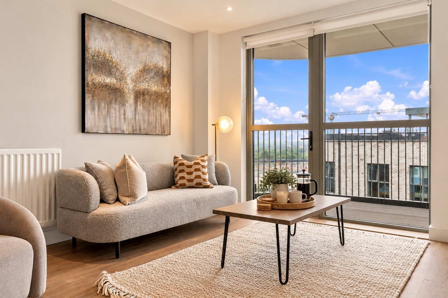 A modern living room with a sofa, a coffee table, and a view of the city through large windows.