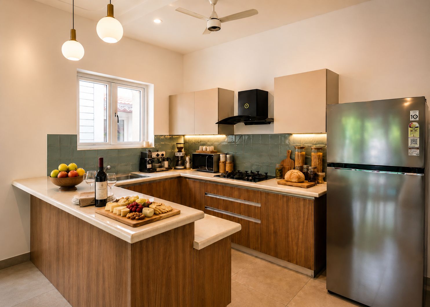 Una cocina moderna con una isla central, electrodomésticos de acero inoxidable y muebles de madera.