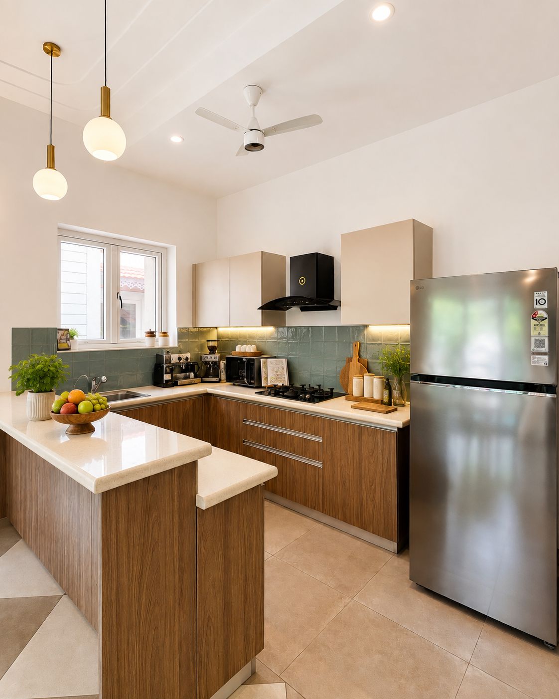 A modern kitchen with wooden cabinets, a stainless steel refrigerator, a built-in oven, and pendant lighting.