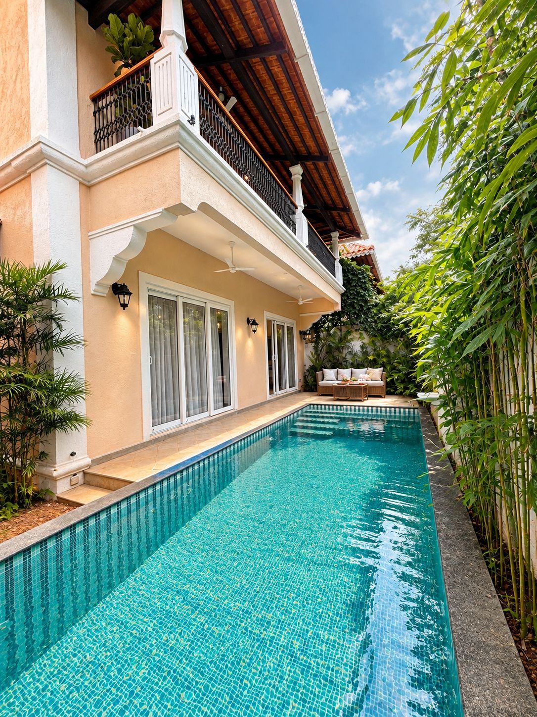 A swimming pool with a tiled edge, a covered balcony with a railing, and a view of a bamboo fence.