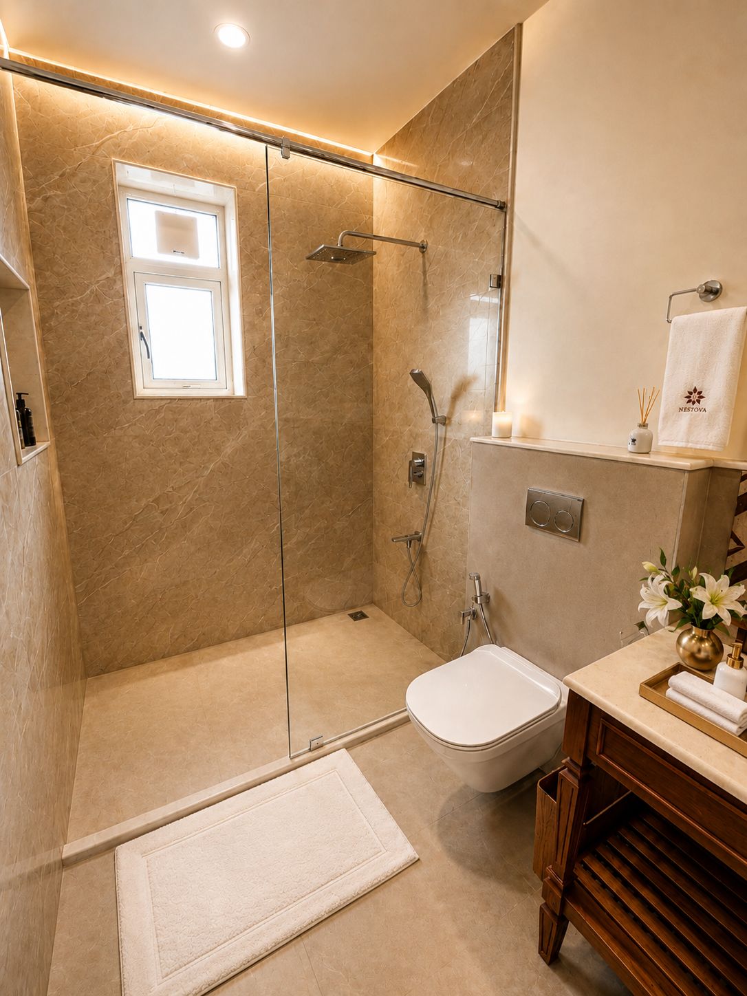 A modern bathroom with a glass-enclosed shower, a toilet, a sink with a vanity, and a mirror.