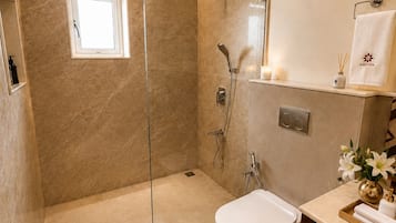 A modern bathroom with a glass-enclosed shower, a toilet, a sink with a vanity, and a mirror.