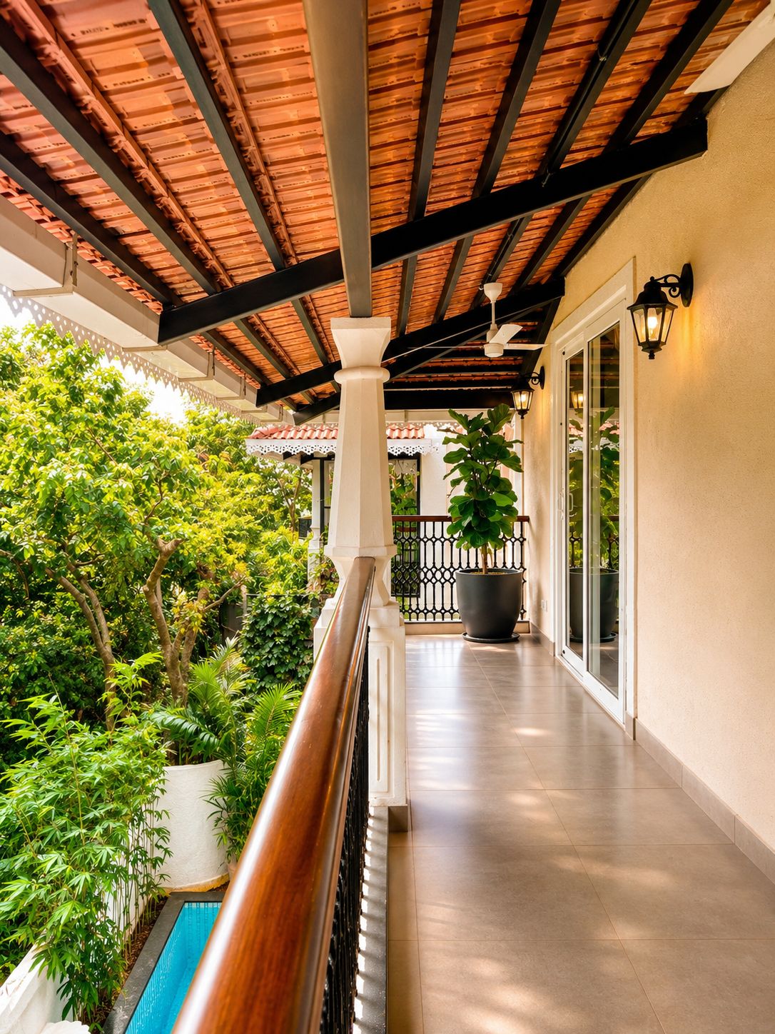 A covered outdoor corridor with a pool, surrounded by greenery and a tiled floor.