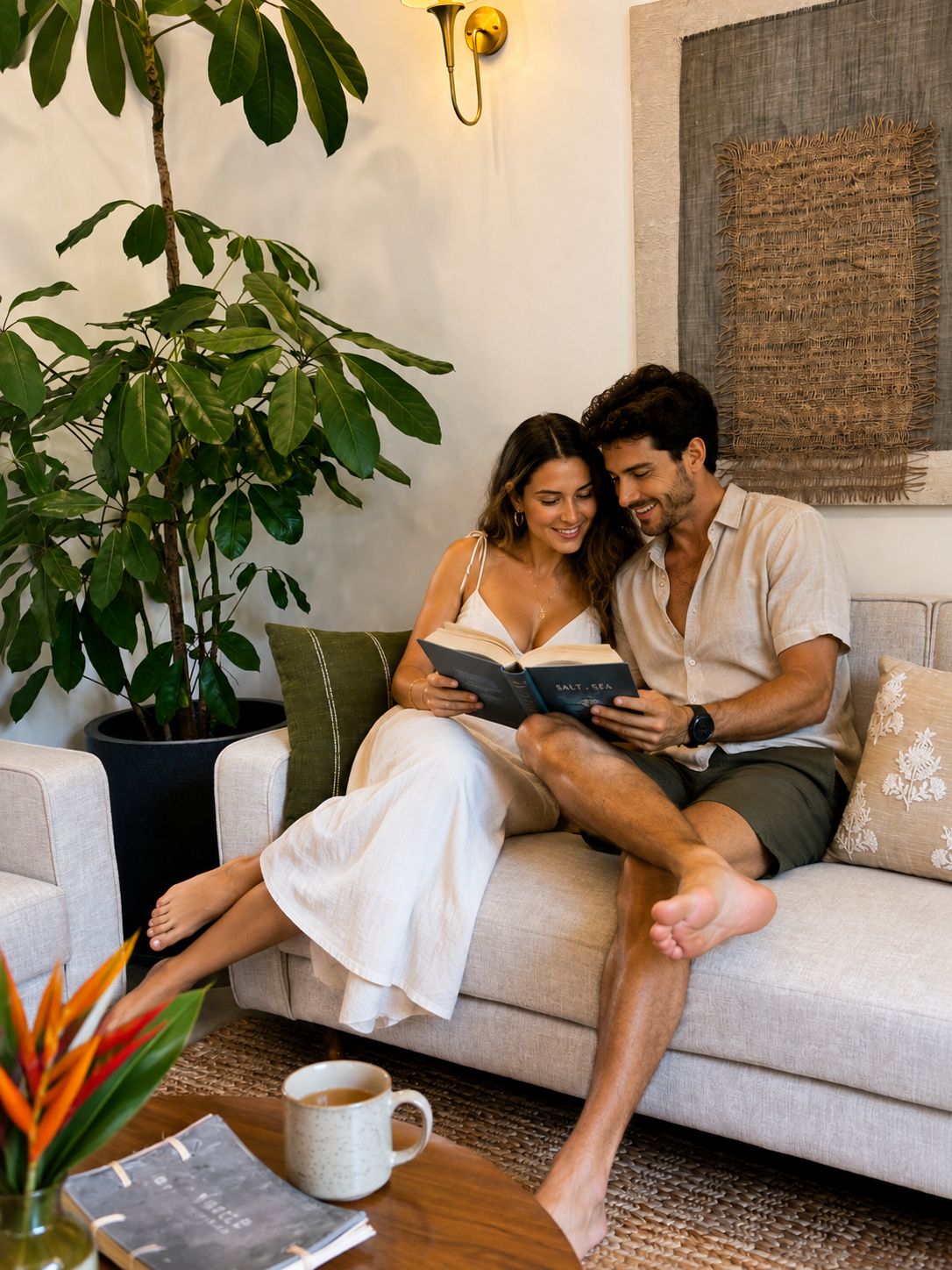A couple sitting on a sofa with a large plant beside them, a coffee table with a book and a mug, and a wall-mounted lamp.