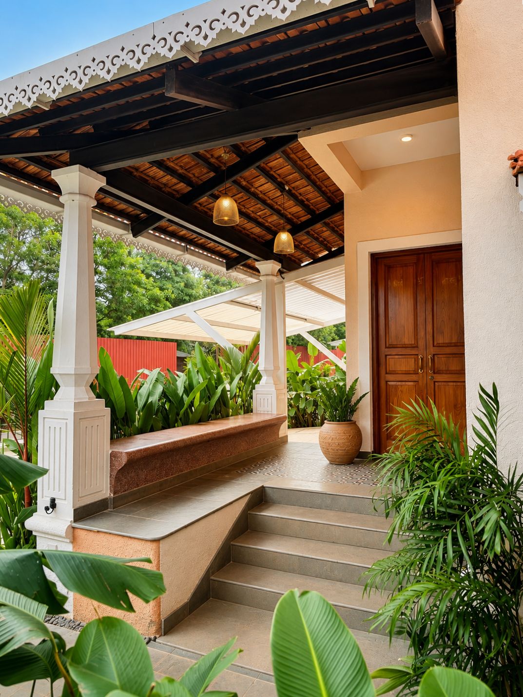 A covered outdoor area with steps leading to a wooden door, surrounded by lush greenery.