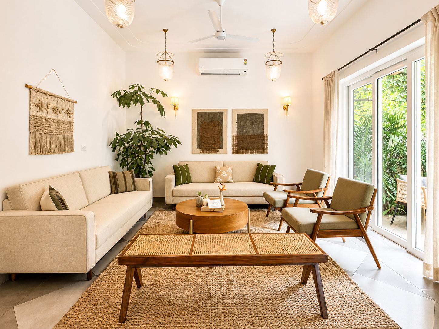 Un salon comprenant un canapé, des fauteuils, une table basse et une grande plante.