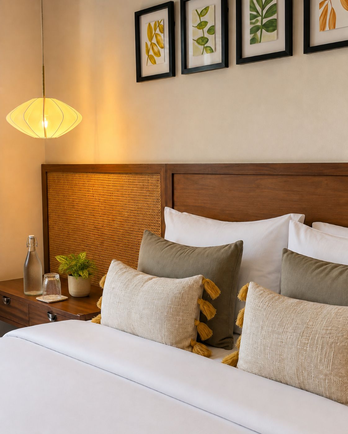 Una cama bien hecha con sábanas blancas, un cabecero de madera y varias almohadas.