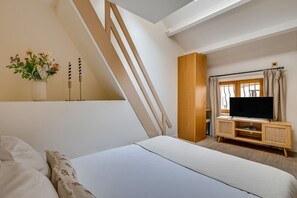 A bedroom with a bed, a TV on a wooden stand, a window with curtains, and a wall-mounted plant. - Live in a Hut in the Heart of Paris - Louvre (Paris)
