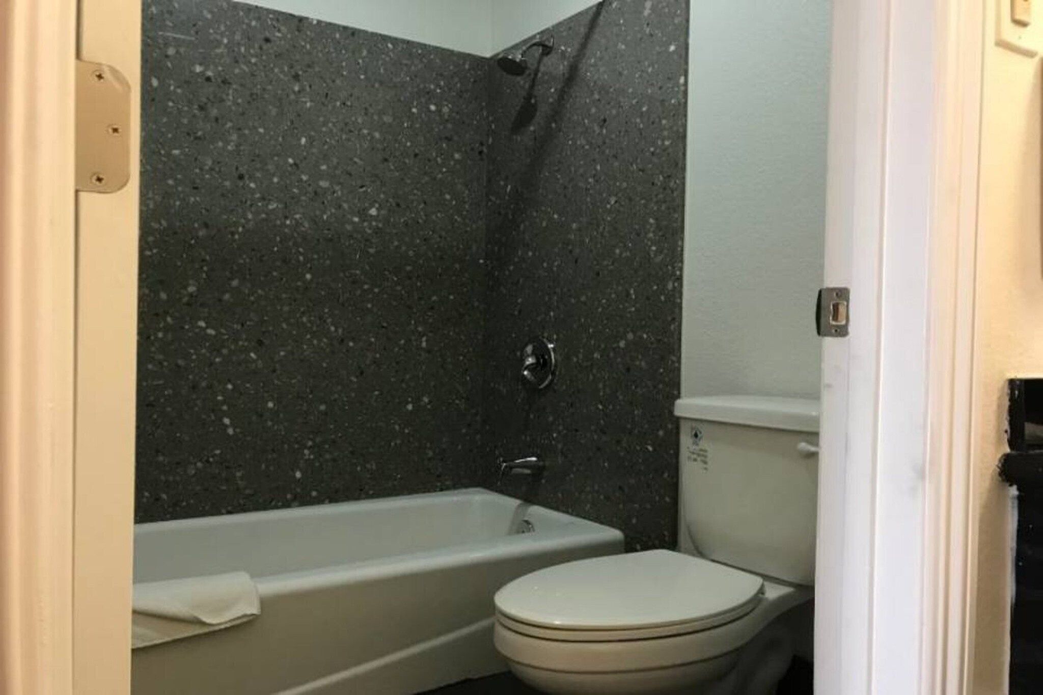 A bathroom with a bathtub, toilet, and shower.