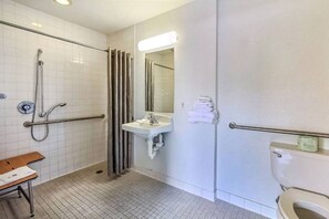 Bagno standard in hotel con doccia, lavandino, water e sedile.