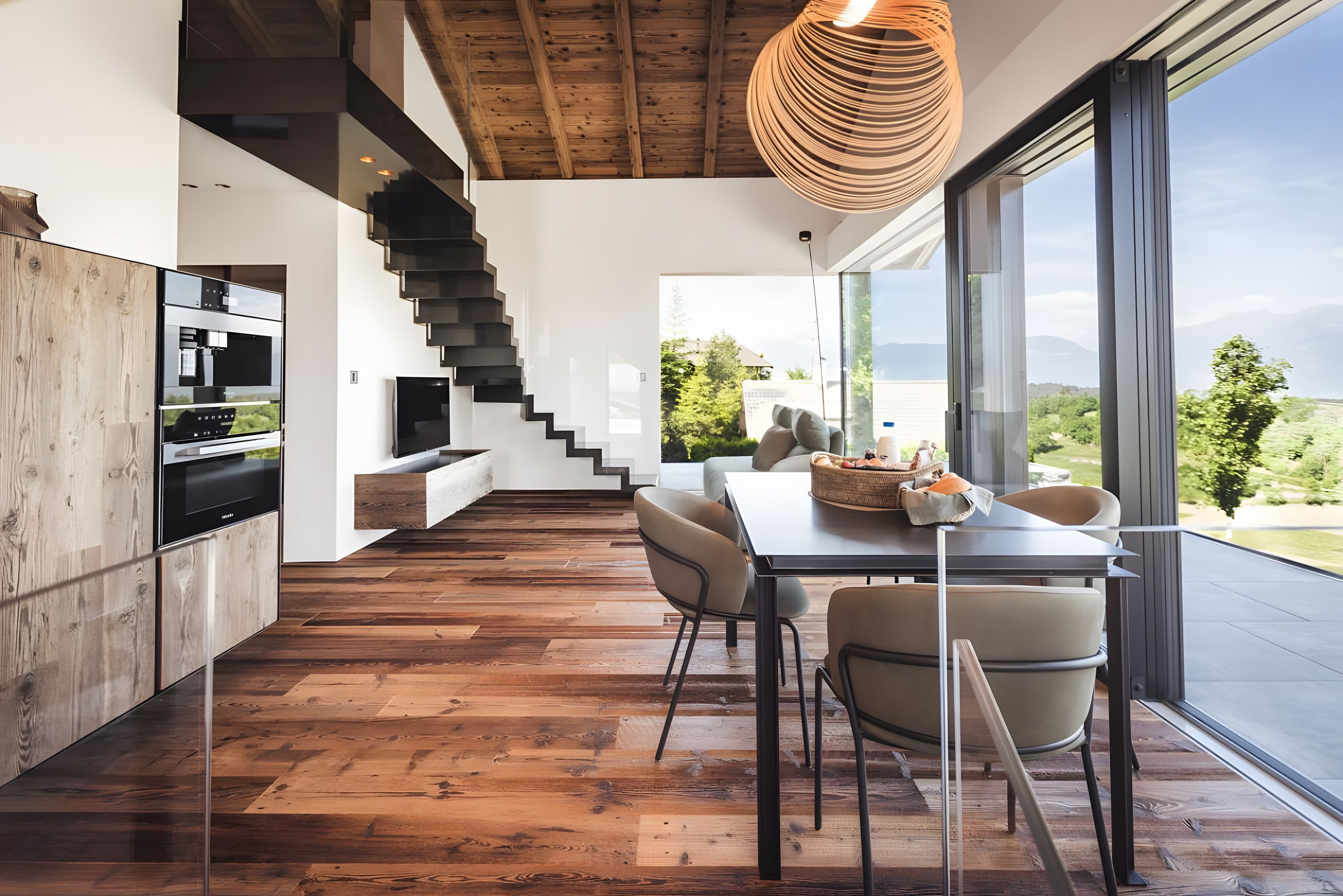 Une cuisine moderne avec un plancher en bois, un coin repas avec une table et des chaises, un escalier et une grande fenêtre donnant sur un paysage verdoyant.