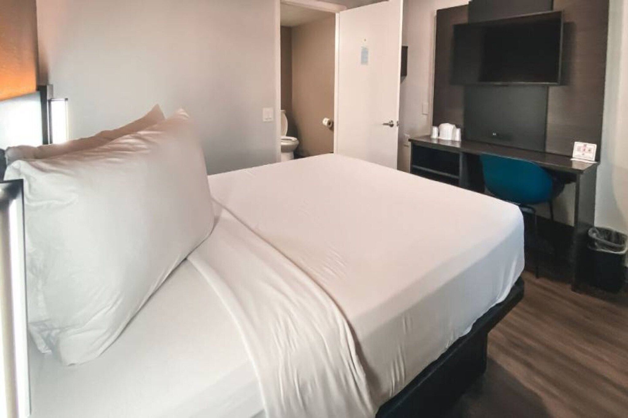 Una habitación de hotel con una cama, un escritorio, una silla, un televisor y un cubo de basura.