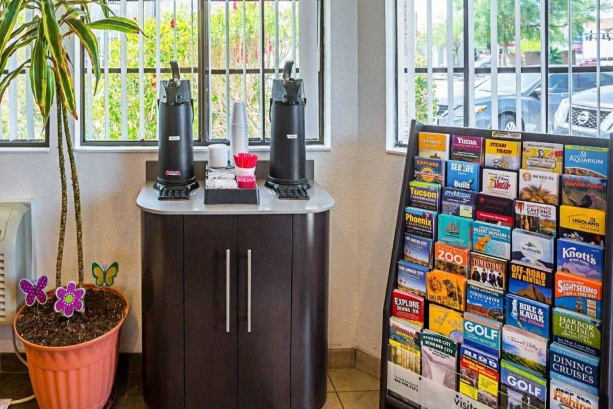 Une pièce avec un meuble en bois foncé, une plante en pot et un présentoir rempli de brochures de voyage.
