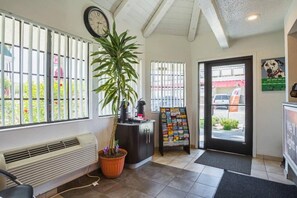A reception area with a clock, a potted plant, a bulletin board, and a view of the outside. - 2 Queen Beds | Premium, Micfridge (Yuma AZ)