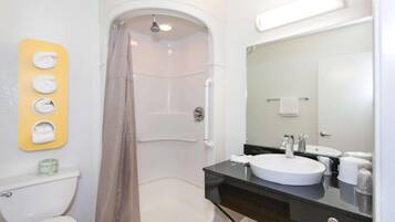 A bathroom with a shower, toilet, sink, and a mirror.
