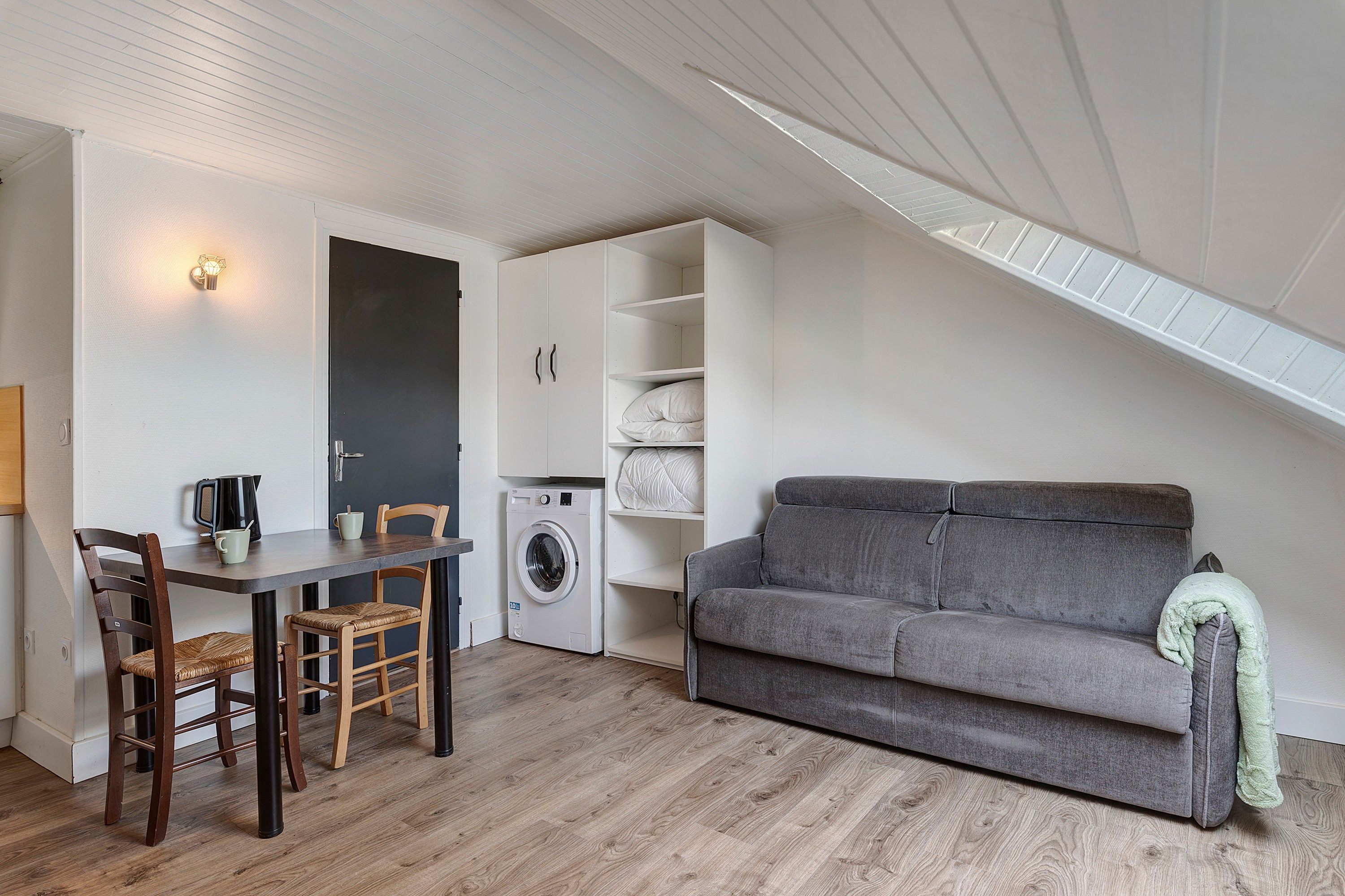 A compact living space with a dining area, a washing machine, and a sofa.