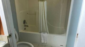 A bathroom with a toilet, a bathtub, and a shower curtain.