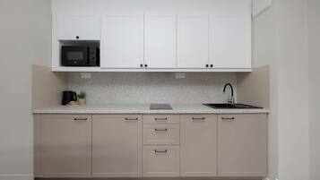 A modern kitchen with a built-in microwave, a sink, and a countertop with a speckled backsplash.