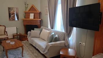 Un salon avec un canapé, un téléviseur, une cheminée et un tapis.