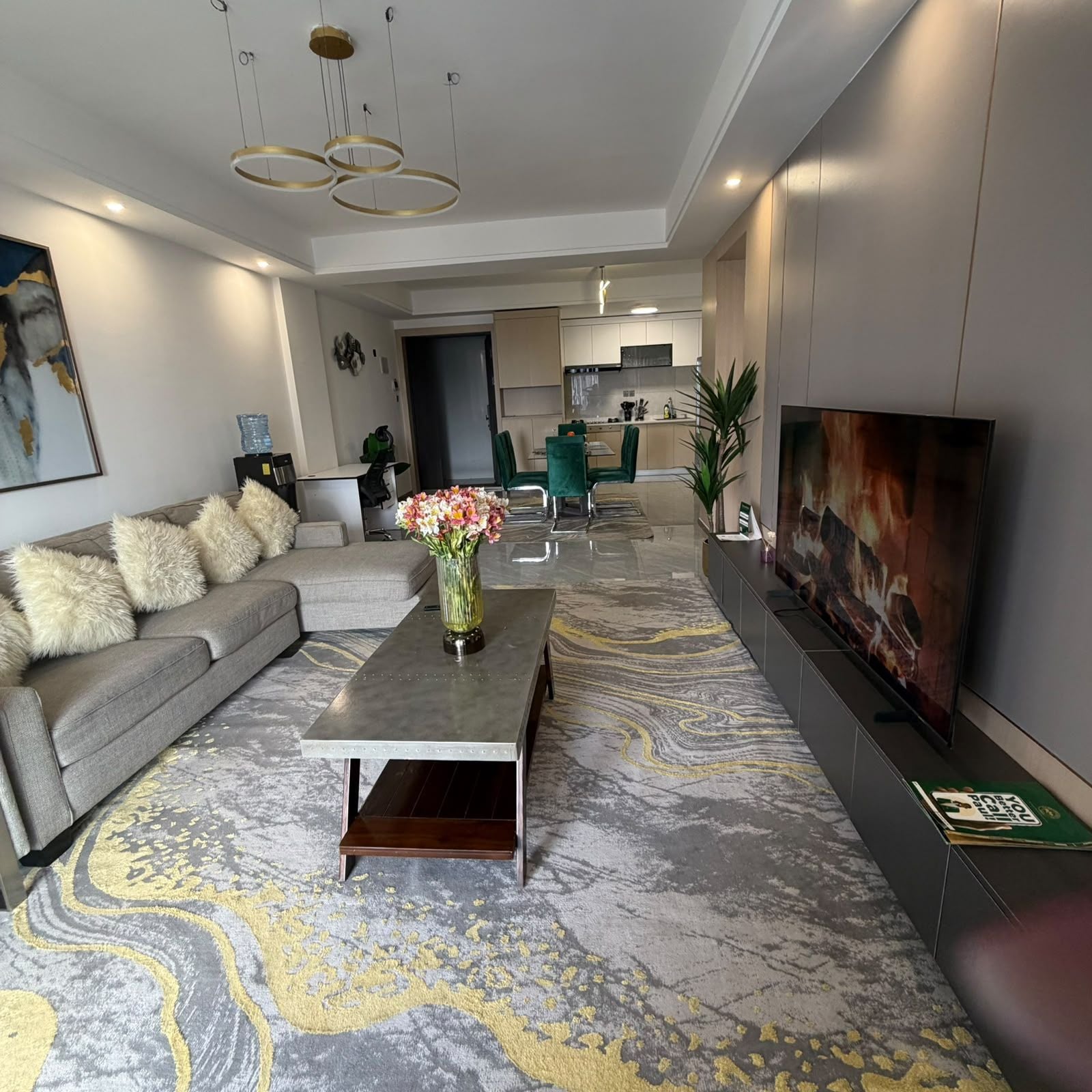 A modern living room with a sofa, coffee table, and a flat-screen TV.