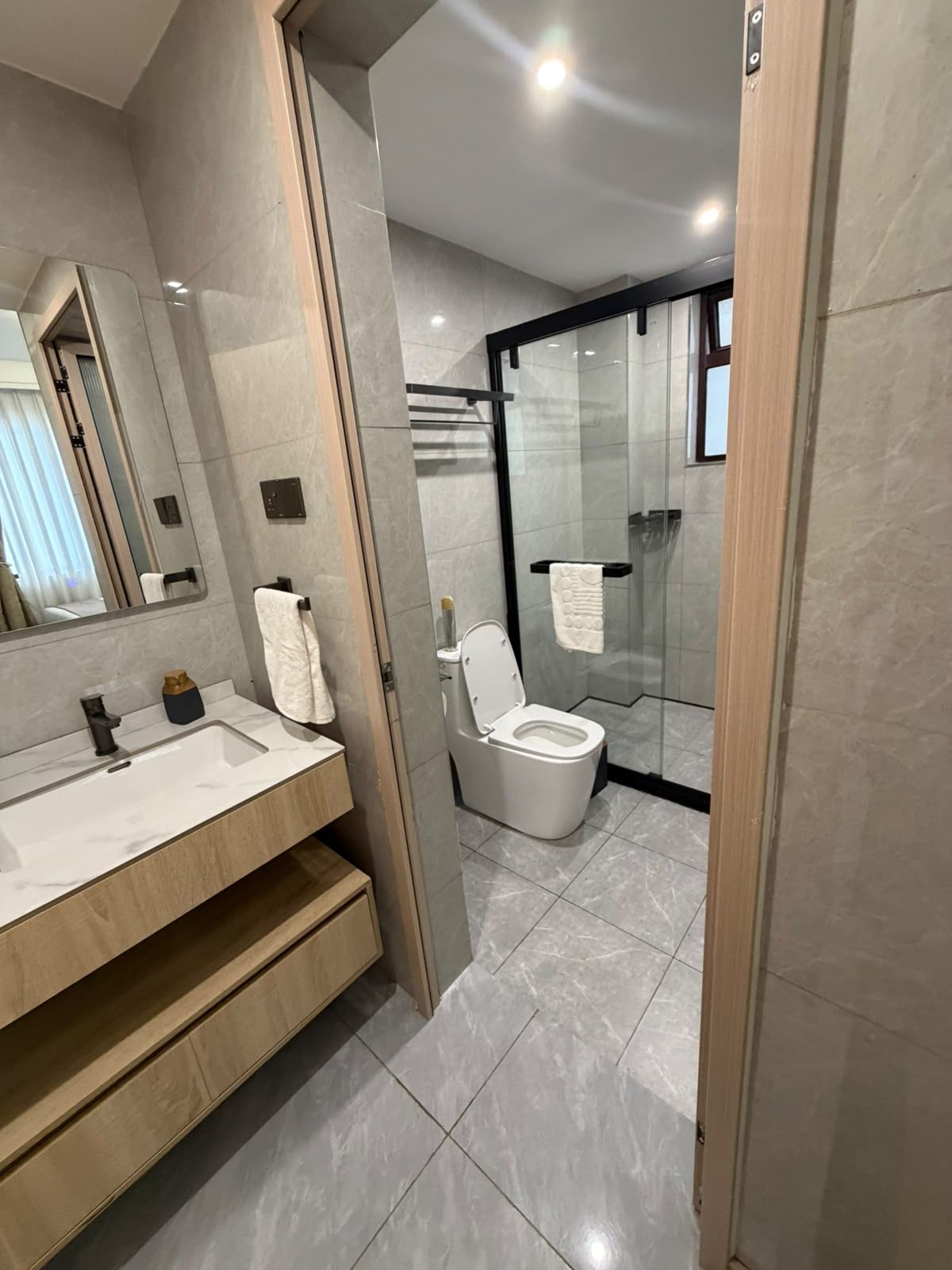 A modern bathroom with a glass shower enclosure, a white toilet, and a vanity with a mirror.
