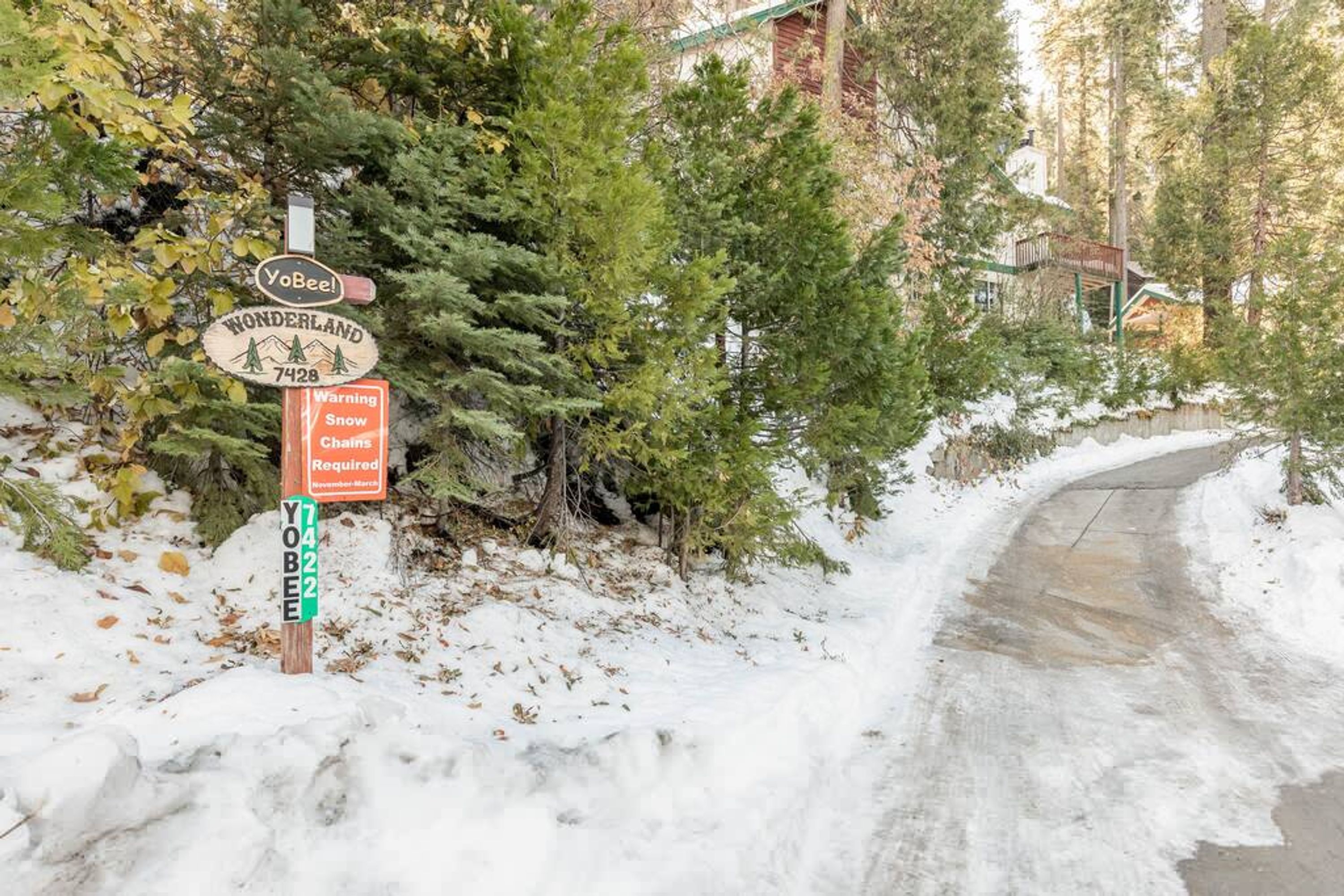 A snow-covered road with a sign indicating Wonderland 7428 and a warning for snow chains.