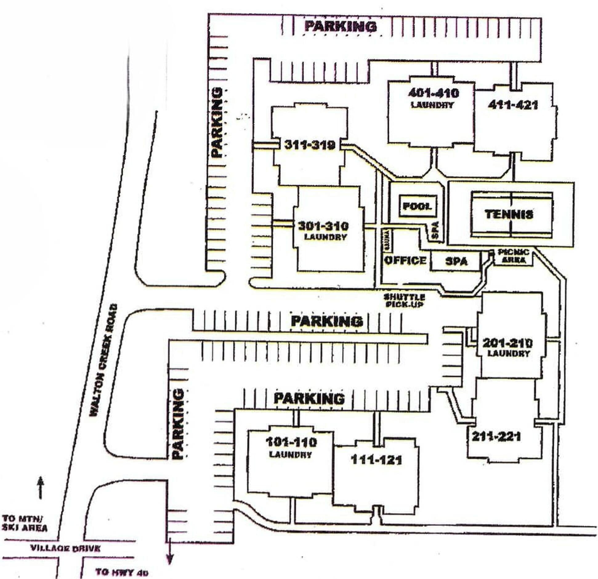 A floor plan with multiple parking areas, laundry facilities, a pool, tennis court, spa, and shuttle pick-up points.
