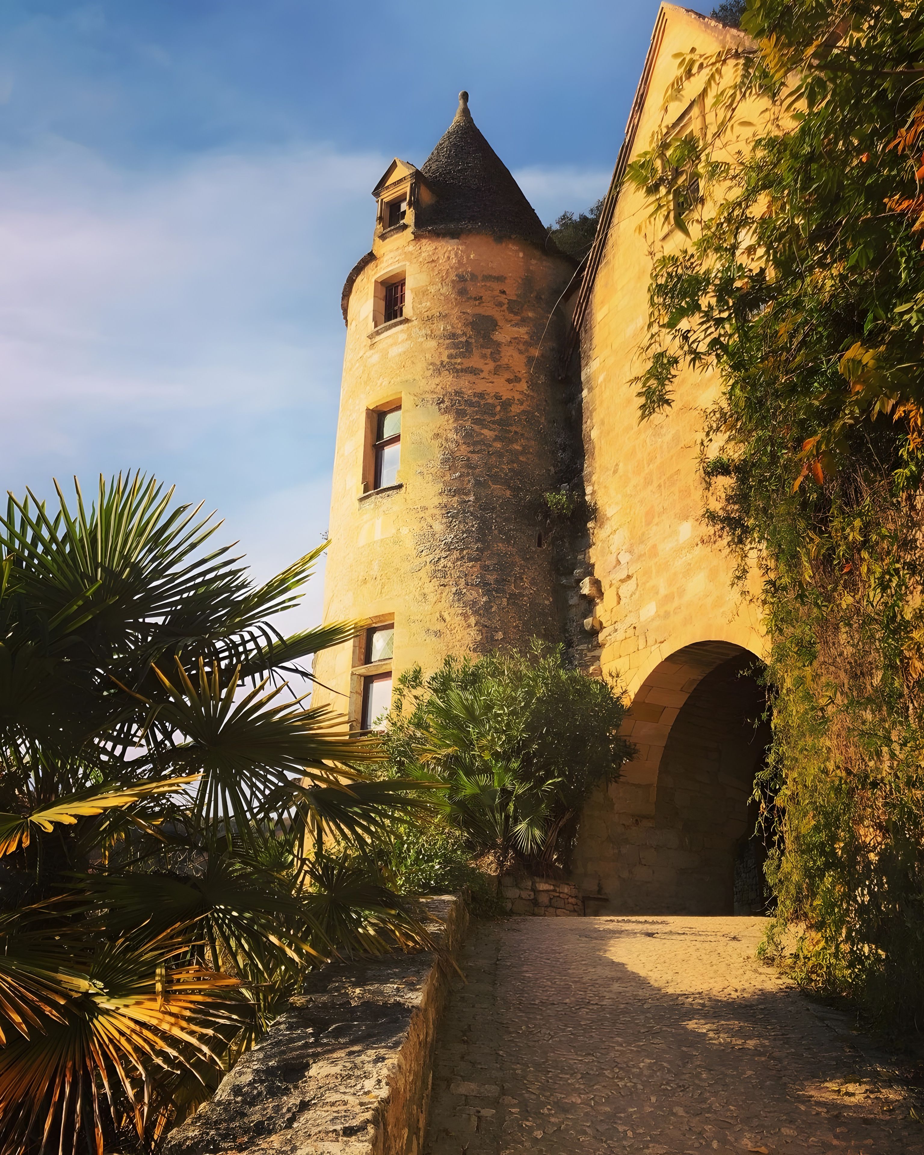 A historic building with a tower, an archway, and a cobblestone path.