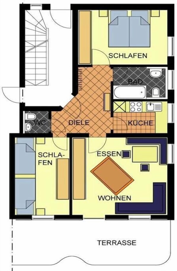 Planta baixa com cômodos identificados, incluindo sala de estar, área de jantar, cozinha, banheiro e quartos.