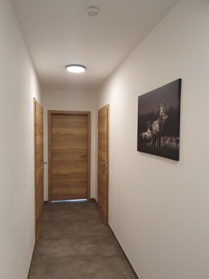 A hallway with a wooden door at the end, a light fixture on the ceiling, and a framed picture on the wall.